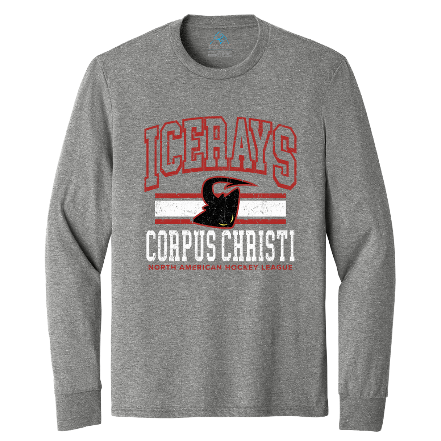 A heather gray long-sleeve t-shirt with a distressed graphic on the front. The graphic features the word 'ICERAYS' in red arched letters, a black stingray silhouette over a red and white stripe, and 'CORPUS CHRISTI' in white block letters with 'NORTH AMERICAN HOCKEY LEAGUE' printed below in red.