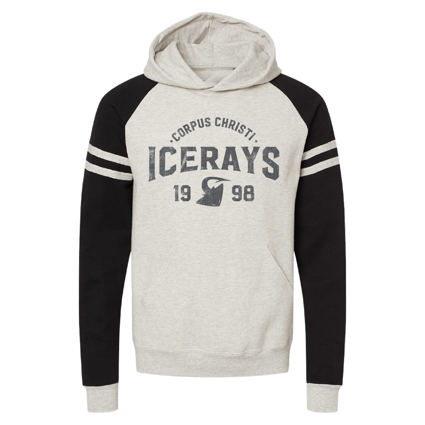 A heather gray and black raglan hoodie with 'ICERAYS 1998' and 'CORPUS CHRISTI' printed on the chest, featuring a kangaroo pocket and ribbed cuffs and hem.