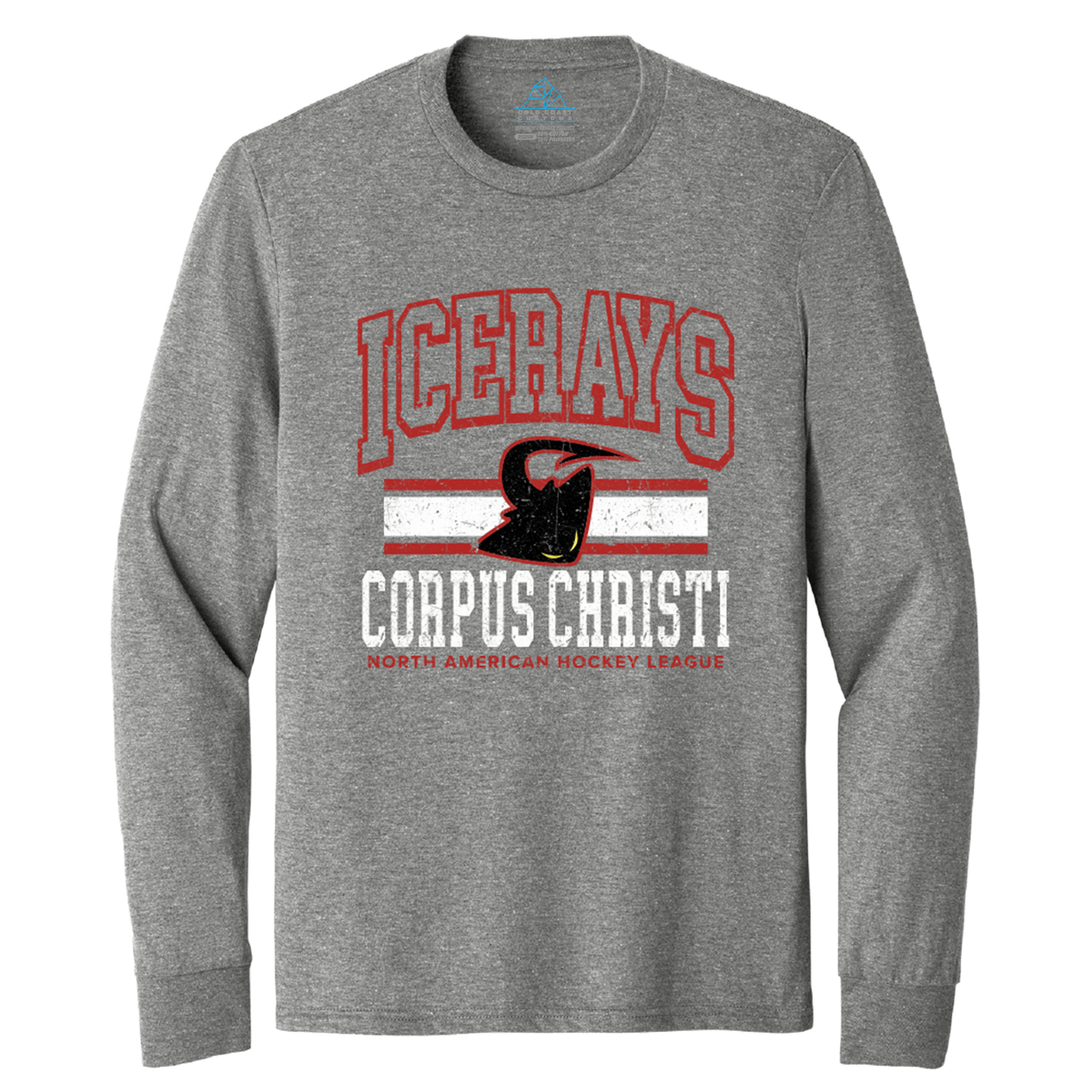 A heather gray long-sleeve t-shirt with a distressed graphic on the front. The graphic features the word 'ICERAYS' in red arched letters, a black stingray silhouette over a red and white stripe, and 'CORPUS CHRISTI' in white block letters with 'NORTH AMERICAN HOCKEY LEAGUE' printed below in red.