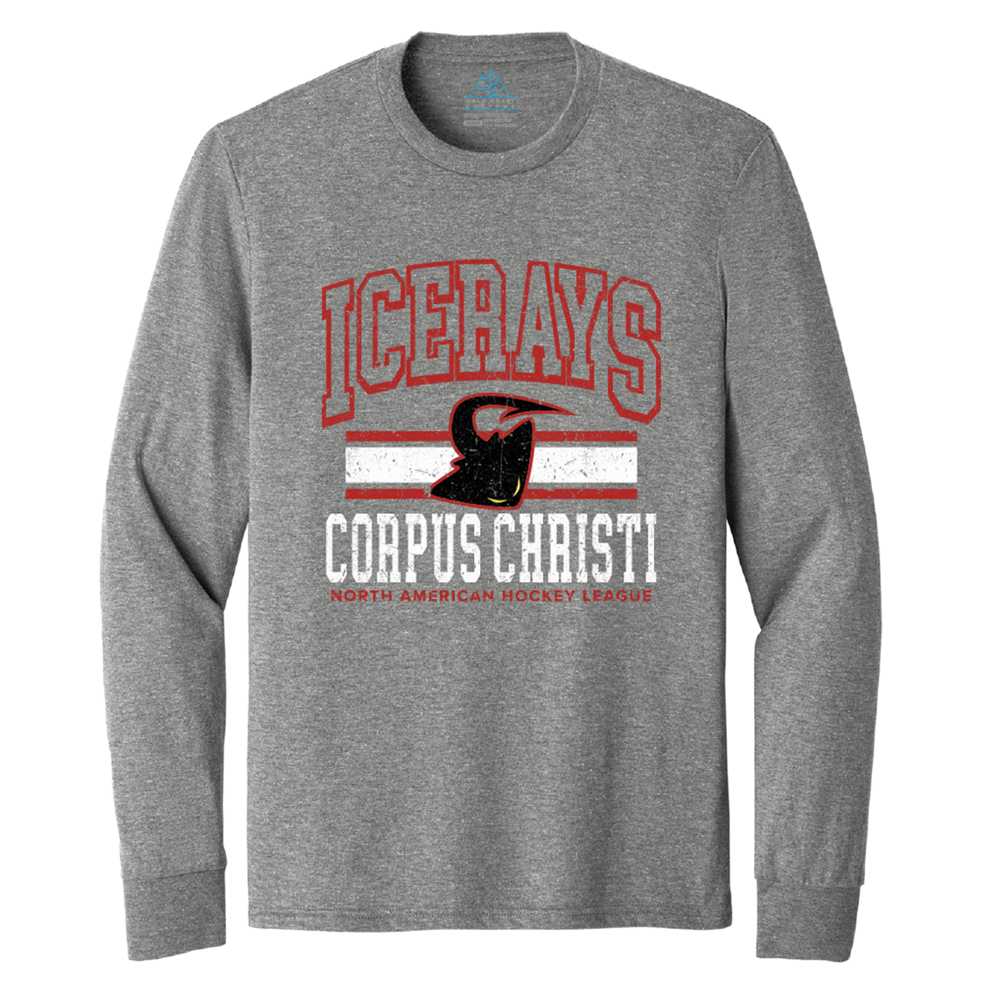 A heather gray long-sleeve t-shirt with a distressed graphic on the front. The graphic features the word 'ICERAYS' in red arched letters, a black stingray silhouette over a red and white stripe, and 'CORPUS CHRISTI' in white block letters with 'NORTH AMERICAN HOCKEY LEAGUE' printed below in red.