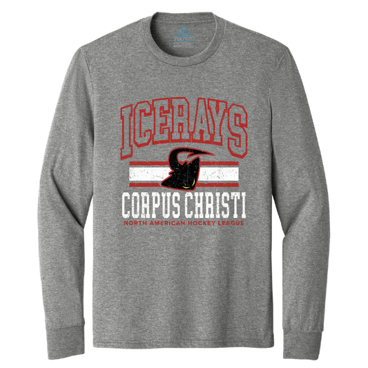 A heather gray long-sleeve t-shirt with a distressed graphic on the front. The graphic features the word 'ICERAYS' in red arched letters, a black stingray silhouette over a red and white stripe, and 'CORPUS CHRISTI' in white block letters with 'NORTH AMERICAN HOCKEY LEAGUE' printed below in red.