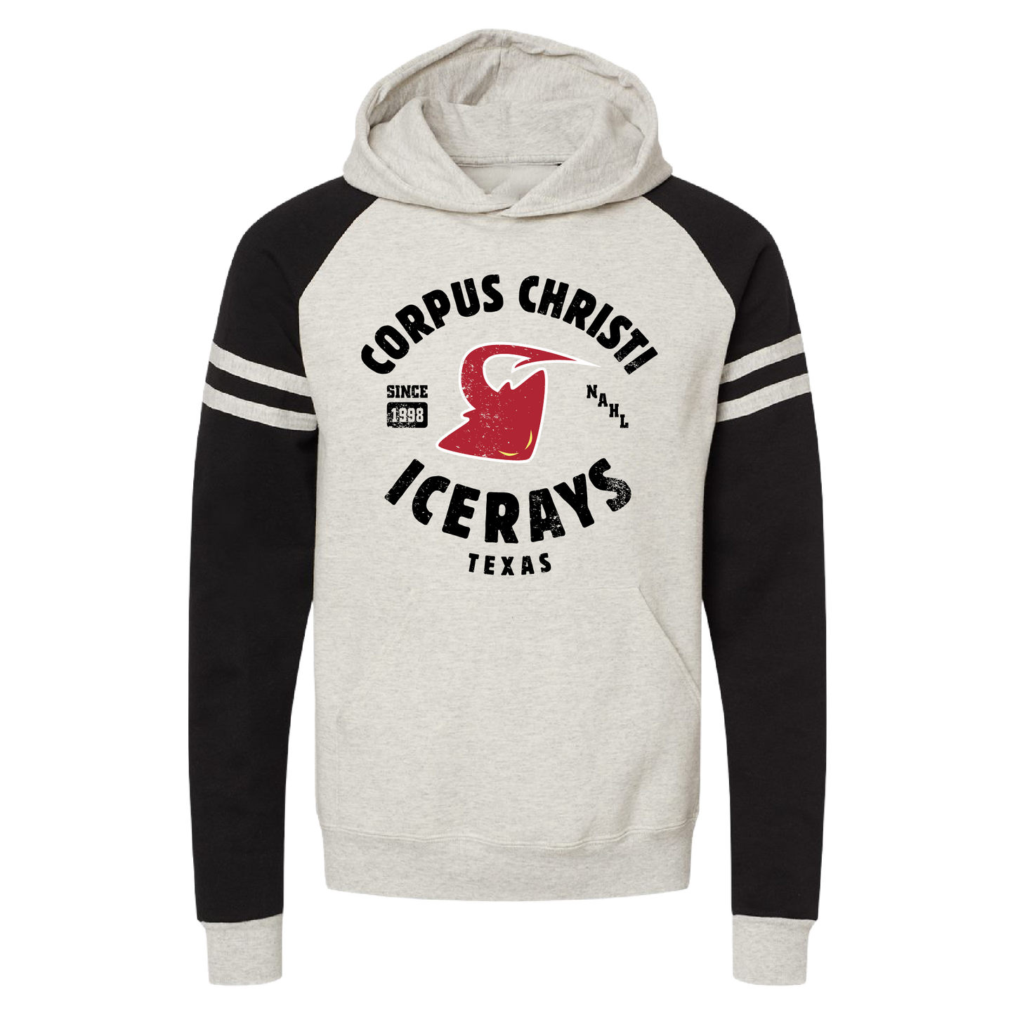A long-sleeve raglan hoodie with a light heather gray body and hood, black sleeves, and white stripes on the upper sleeves. The front features a distressed red and black graphic reading 'CORPUS CHRIST! ICERAYS TEXAS' with a red stingray emblem.