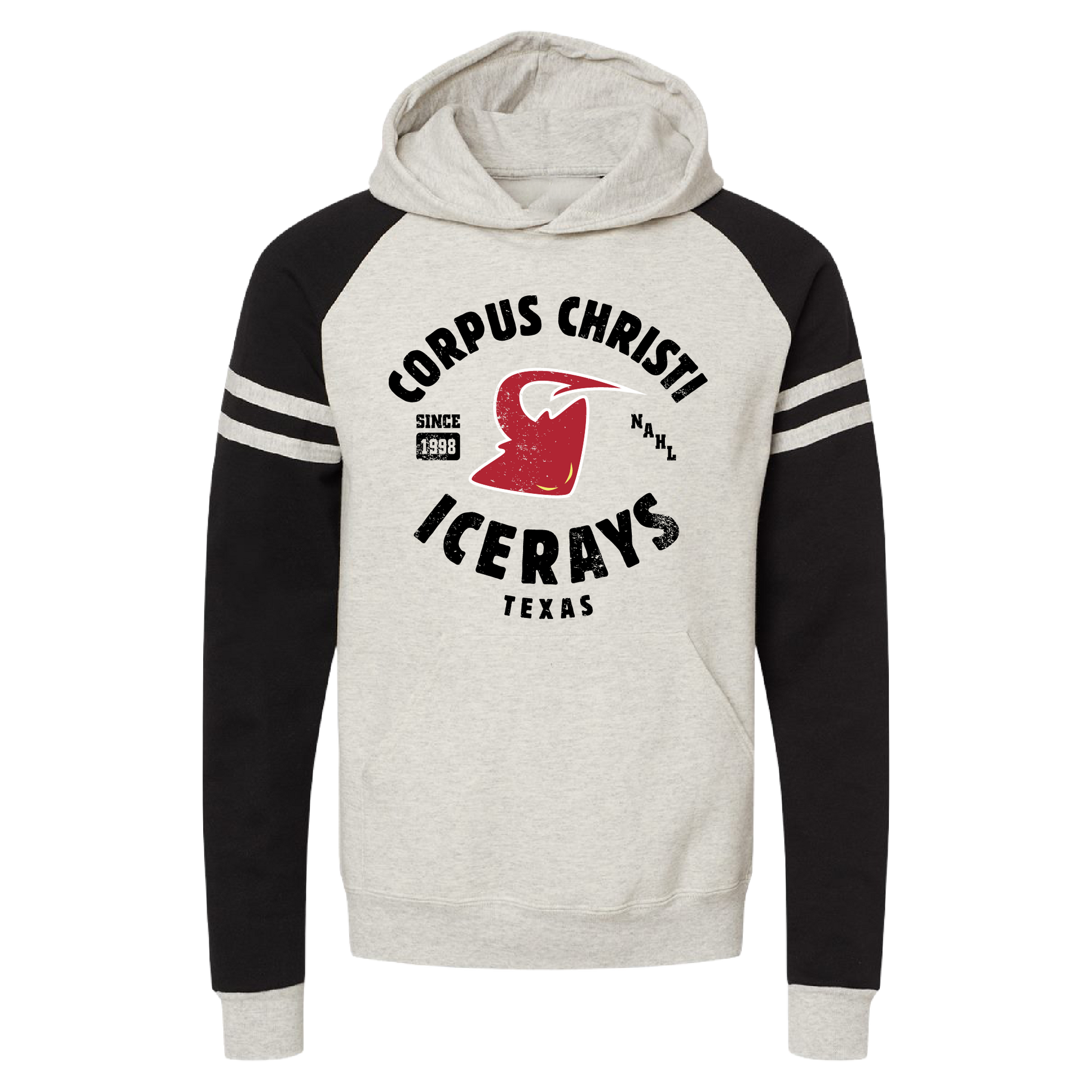 A long-sleeve raglan hoodie with a light heather gray body and hood, black sleeves, and white stripes on the upper sleeves. The front features a distressed red and black graphic reading 'CORPUS CHRIST! ICERAYS TEXAS' with a red stingray emblem.