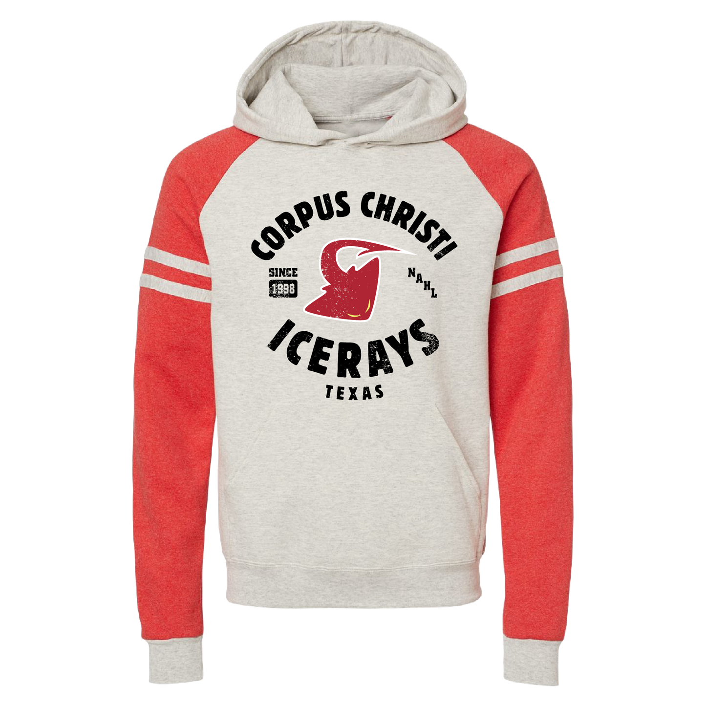 A heather gray and red raglan hoodie featuring a distressed black and red graphic on the front that reads 'CORPUS CHRIST! ICERAYS' with 'TEXAS' below and a stingray logo. The hoodie has a heather gray hood, red sleeves with white stripes, and a heather gray ribbed hem and cuffs.