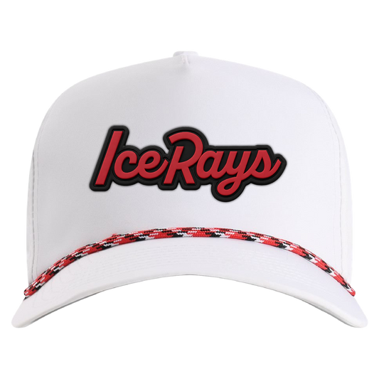 A white structured baseball cap featuring a red and black 'Ice Rays' embroidered logo on the front and a red, black, and white braided rope detail along the curved brim.