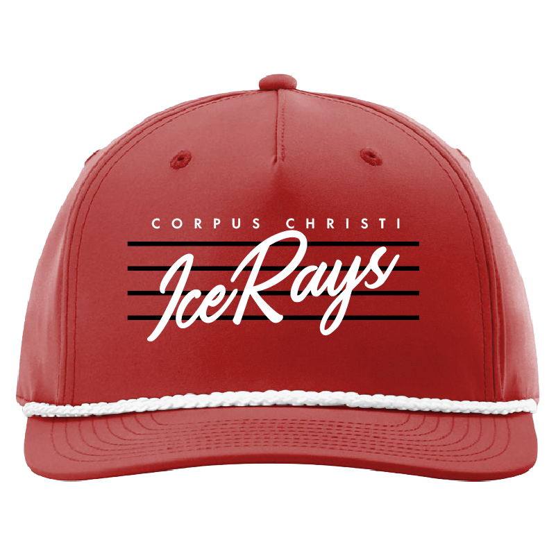 A red baseball cap with a white rope detail along the brim, featuring 'CORPUS CHRISTI IceRays' printed in white and black on the front.