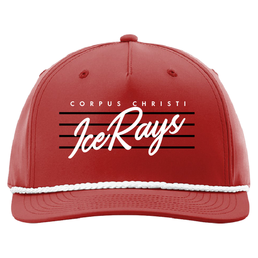 A red baseball cap with a white rope detail along the brim, featuring 'CORPUS CHRISTI IceRays' printed in white and black on the front.