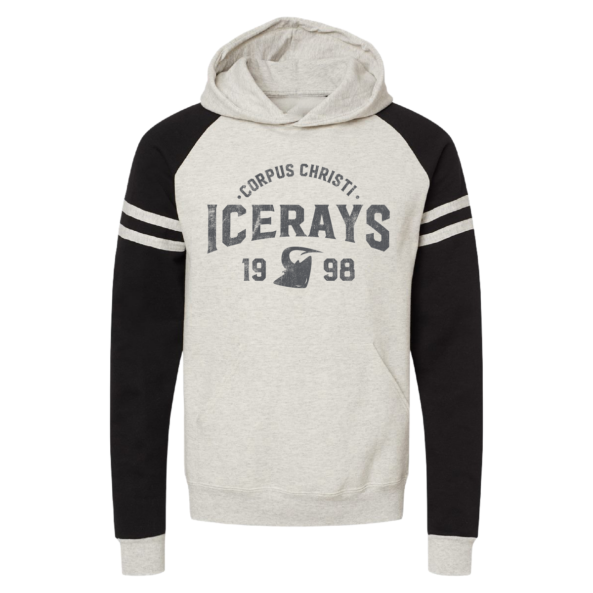 A heather gray and black raglan hoodie with 'ICERAYS 1998' and 'CORPUS CHRISTI' printed on the chest, featuring a kangaroo pocket and ribbed cuffs and hem.